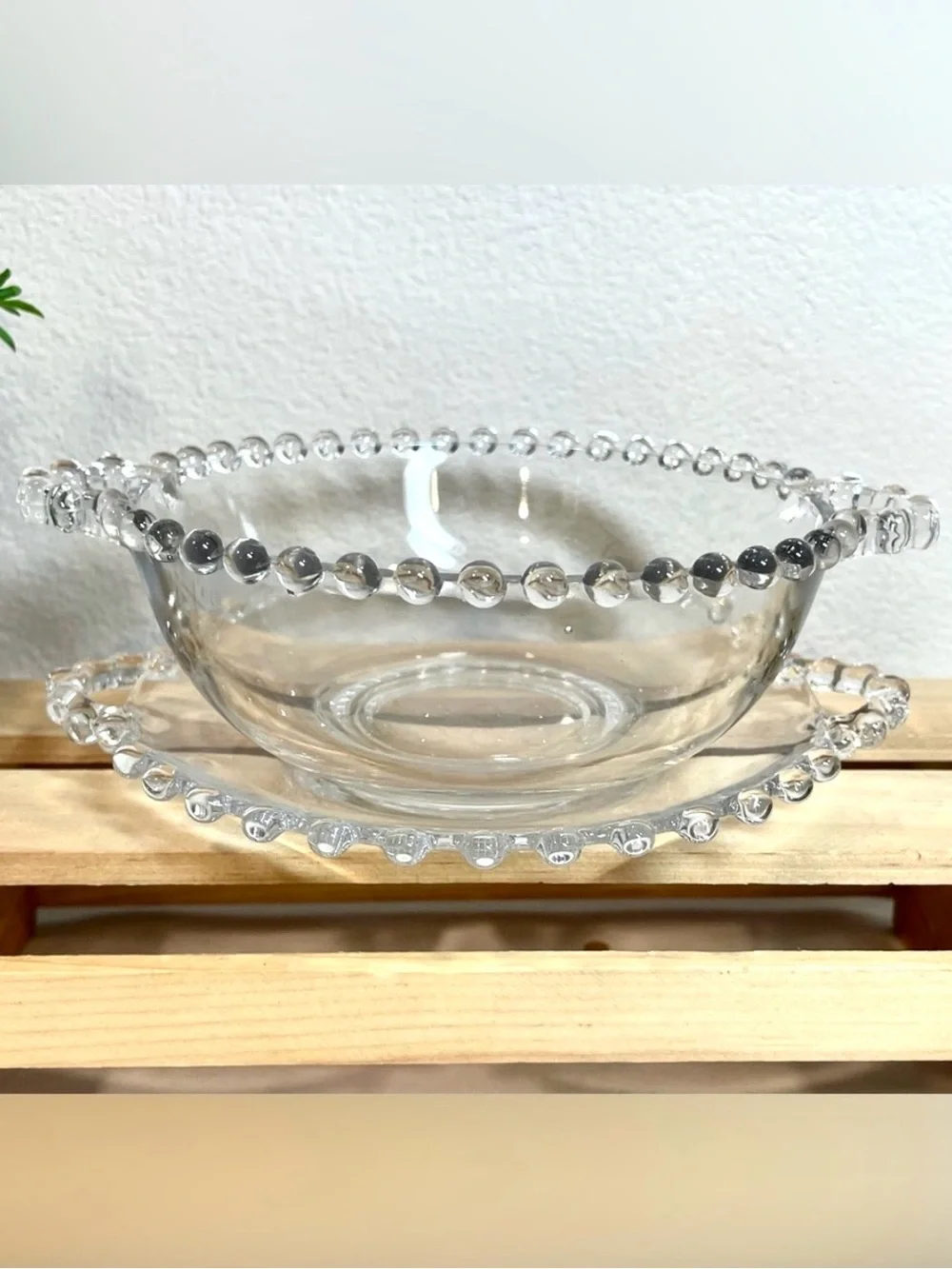 Imperial Glass “Candlewick” Beaded Edge Handled Serving Bowl Matching Underplate